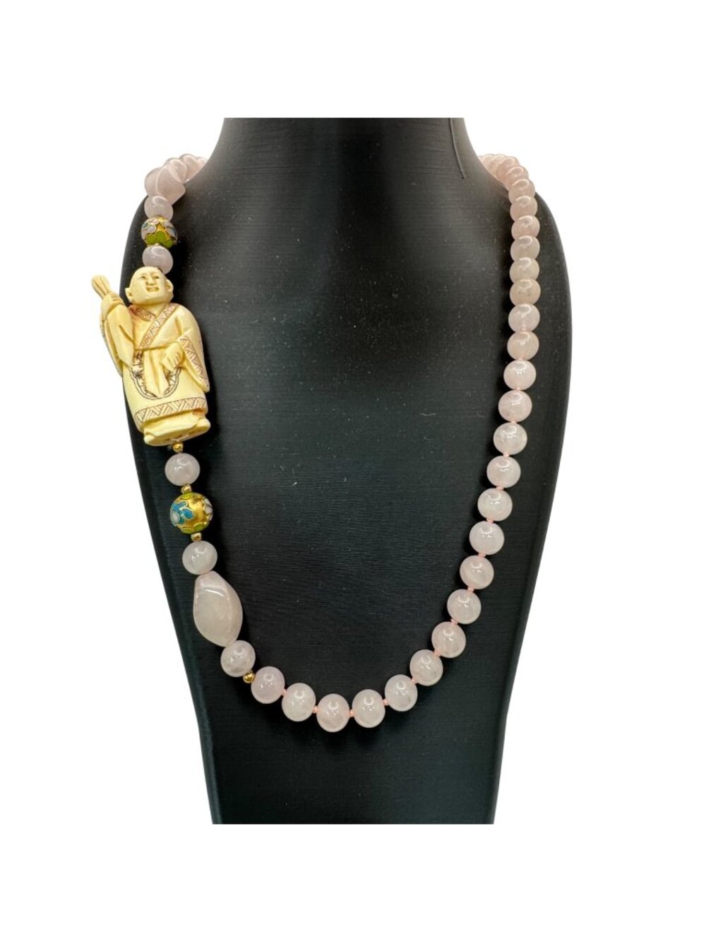 Vintage Hand Carved Buddha Pendant Necklace Pink Rose Quartz Beads Cloisonné 32"